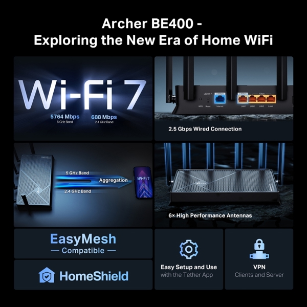 როუტერი TP-Link ARCHER BE400, 5764Mbps, Dual-band Wifi 7 Router, Black