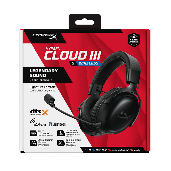 ყურსასმენი HyperX A59YZAA Cloud III S, Gaming Headset, Wireless, Bluetooth, 2.4 GHz, Black