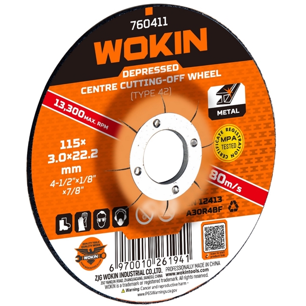 მეტალის საჭრელი დისკი Wokin 760411, 115X3.0X22.2mm, Depressed Centre Cutting-Off Wheel (METAL), Orange