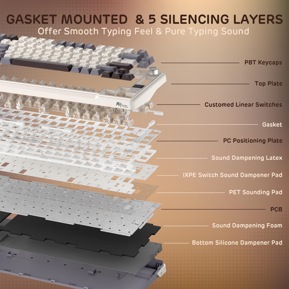 კლავიატურა Royal Kludge RKL98 RGB Mechanical Keyboard, Cream Switch, Hot Swappable, Wireless, Type-C, Bluetooth, 2.4GHz, Sandalwood Brown