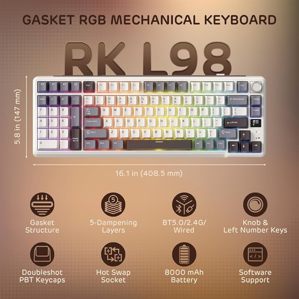 Mechanical Keyboard Royal Kludge RK L98 RGB, Cream Switch, Hot Swappable, Wireless, Type-C, Bluetooth, 2.4GHz, Sandalwood Brown
