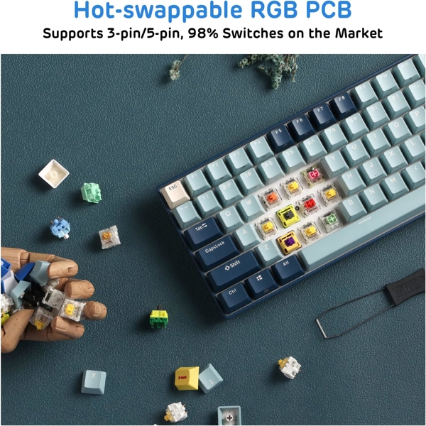 კლავიატურა Royal Kludge RK96 Mechanical Keyboard, Red switch, Hot Swappable, Wireless, USB Type-C, 2.4 GHz, Bluetooth, Forest Blue