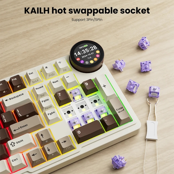 კლავიატურა Royal Kludge RKN99 RGB Mechanical Keyboard, Violet Switch, Hot Swappable, Wireless, USB, Bluetooth, 2.4GHz, Mocha Grey