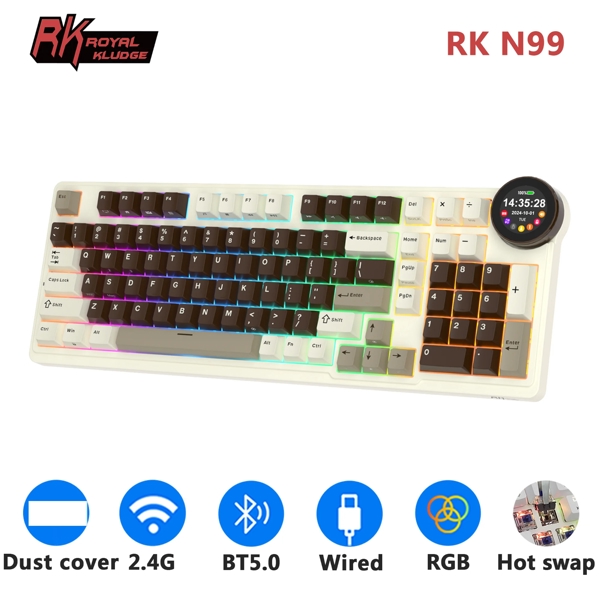 კლავიატურა Royal Kludge RKN99 RGB Mechanical Keyboard, Violet Switch, Hot Swappable, Wireless, USB, Bluetooth, 2.4GHz, Mocha Grey
