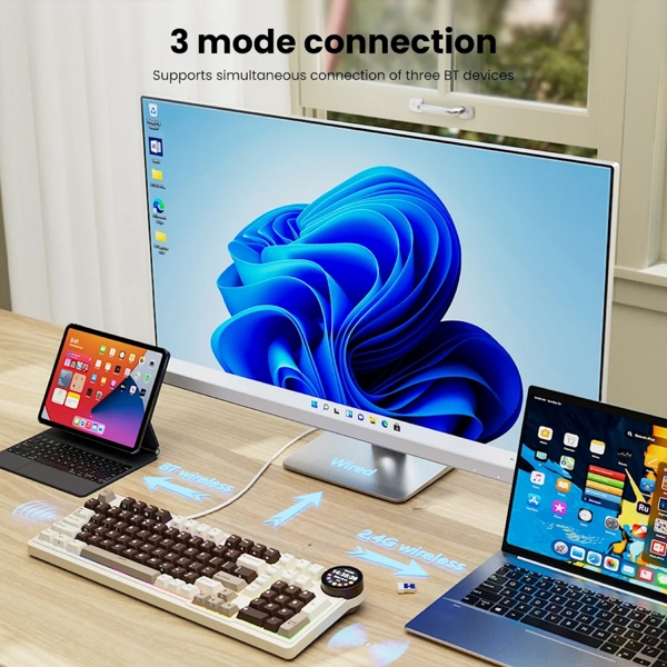 კლავიატურა Royal Kludge RKN99 RGB Mechanical Keyboard, Violet Switch, Hot Swappable, Wireless, USB, Bluetooth, 2.4GHz, Mocha Grey