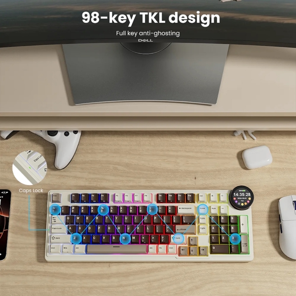 კლავიატურა Royal Kludge RKN99 RGB Mechanical Keyboard, Violet Switch, Hot Swappable, Wireless, USB, Bluetooth, 2.4GHz, Mocha Grey
