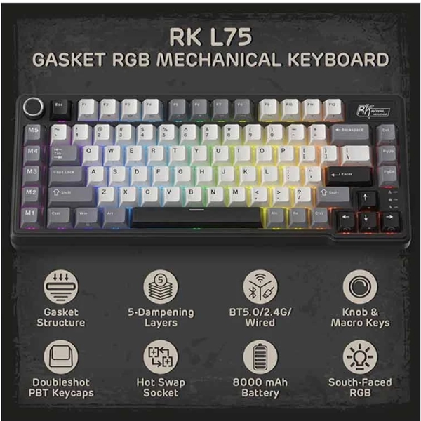 Mechanical Keyboard Royal Kludge RK L75 RGB, Cream Switch, Hot Swappable, Wireless, Type-C, Bluetooth, 2.4GHz, Knight Black