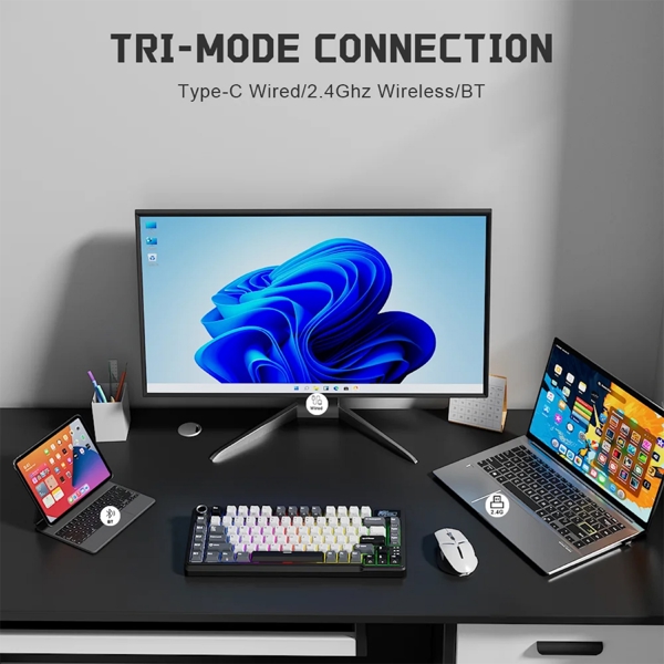 Mechanical Keyboard Royal Kludge RK L75 RGB, Cream Switch, Hot Swappable, Wireless, Type-C, Bluetooth, 2.4GHz, Knight Black