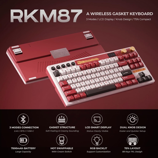 კლავიატურა Royal Kludge RKM87 RGB Mechanical Keyboard, Cream Switch, Hot Swappable, Wireless, Type-C, Bluetooth, 2.4GHz, Famicom
