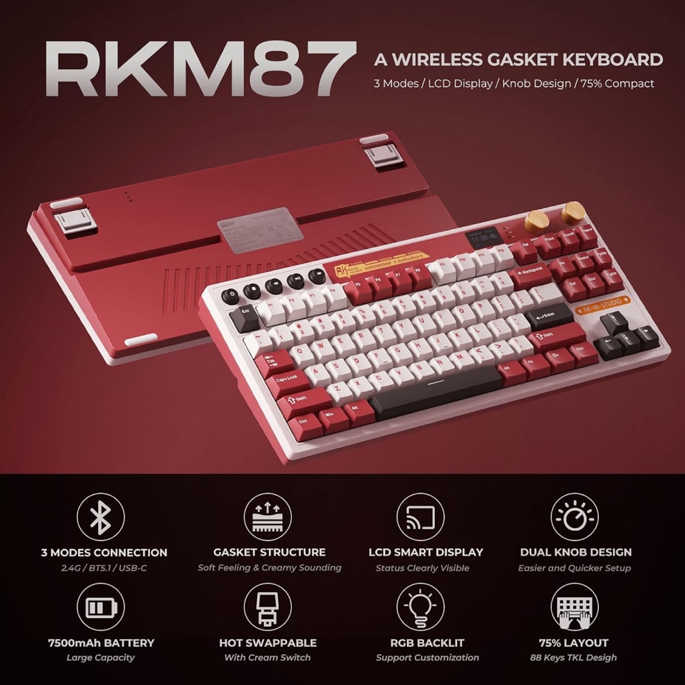 Mechanical Keyboard Royal Kludge RK M87 RGB, Cream Switch, Hot Swappable, Wireless, Type-C, Bluetooth, 2.4GHz, Famicom