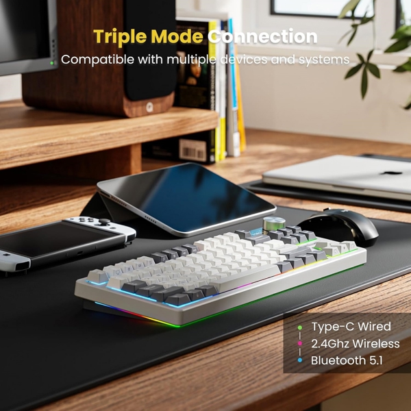 Mechanical Keyboard Royal Kludge RK S85 RGB, Cloud Switch, Hot Swappable, Wireless, Type-C, Bluetooth, 2.4GHz, White Night