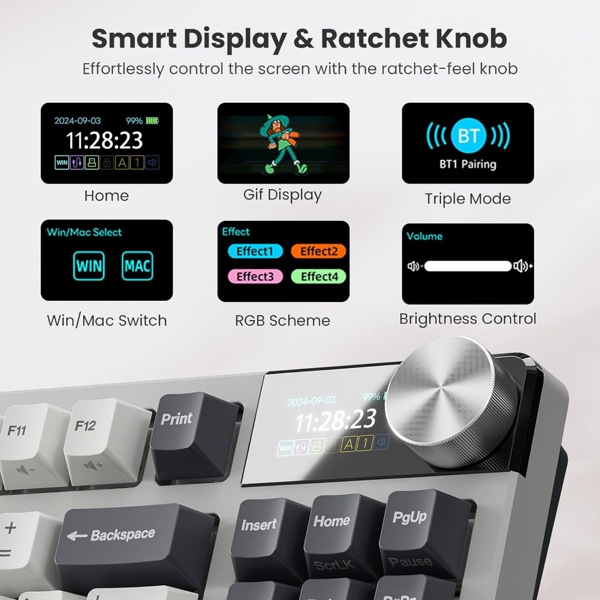 Mechanical Keyboard Royal Kludge RK S85 RGB, Cloud Switch, Hot Swappable, Wireless, Type-C, Bluetooth, 2.4GHz, White Night