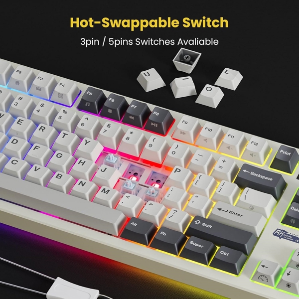 Mechanical Keyboard Royal Kludge RK S85 RGB, Cloud Switch, Hot Swappable, Wireless, Type-C, Bluetooth, 2.4GHz, White Night