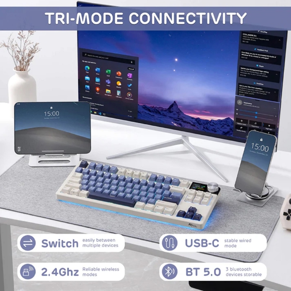 Mechanical Keyboard Royal Kludge RK S85 RGB, Cloud switch, Hot Swappable, Wireless, Type-C, Bluetooth, 2.4GHz, Horizon Blue