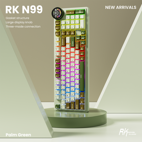 კლავიატურა Royal Kludge RKN99 RGB Mechanical Keyboard, Cream Switch, Hot Swappable, Wireless, USB, Bluetooth, 2.4GHz, Palm Green