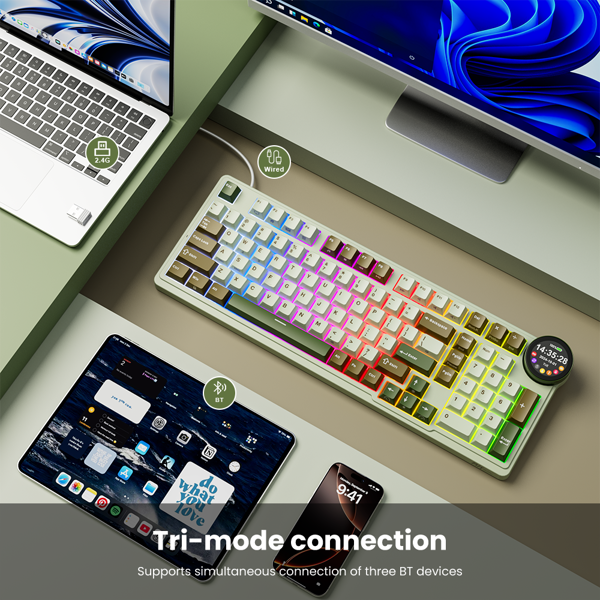 კლავიატურა Royal Kludge RKN99 RGB Mechanical Keyboard, Cream Switch, Hot Swappable, Wireless, USB, Bluetooth, 2.4GHz, Palm Green