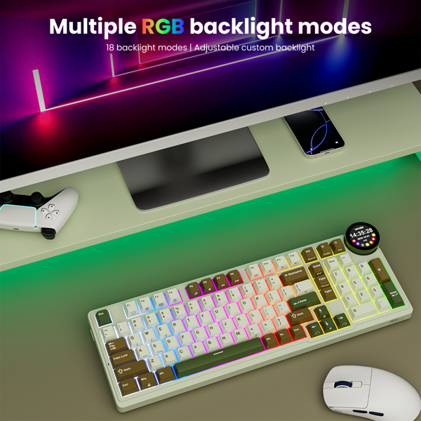კლავიატურა Royal Kludge RKN99 RGB Mechanical Keyboard, Cream Switch, Hot Swappable, Wireless, USB, Bluetooth, 2.4GHz, Palm Green