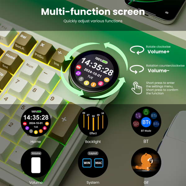 კლავიატურა Royal Kludge RKN99 RGB Mechanical Keyboard, Cream Switch, Hot Swappable, Wireless, USB, Bluetooth, 2.4GHz, Palm Green