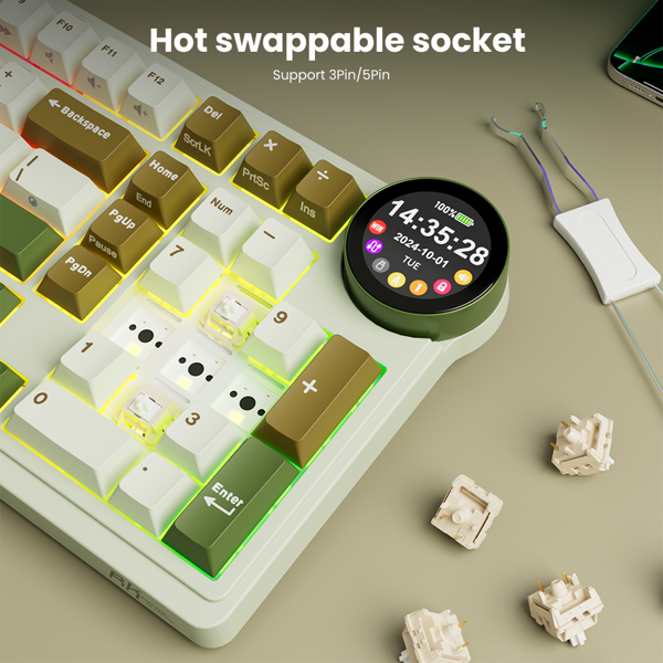 კლავიატურა Royal Kludge RKN99 RGB Mechanical Keyboard, Cream Switch, Hot Swappable, Wireless, USB, Bluetooth, 2.4GHz, Palm Green