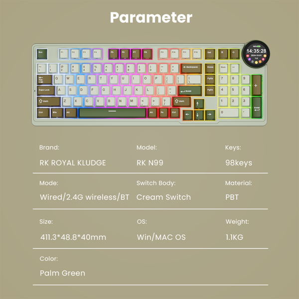 კლავიატურა Royal Kludge RKN99 RGB Mechanical Keyboard, Cream Switch, Hot Swappable, Wireless, USB, Bluetooth, 2.4GHz, Palm Green