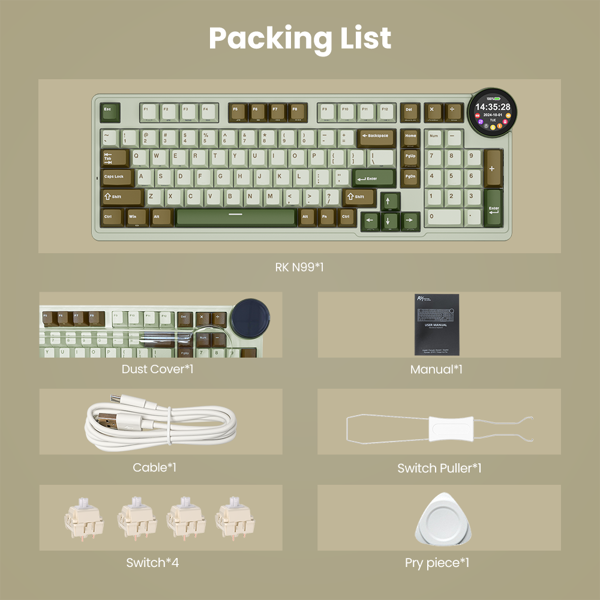 კლავიატურა Royal Kludge RKN99 RGB Mechanical Keyboard, Cream Switch, Hot Swappable, Wireless, USB, Bluetooth, 2.4GHz, Palm Green