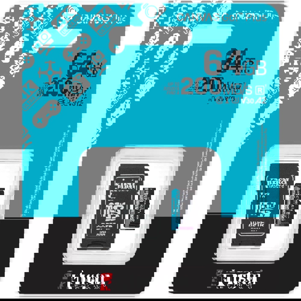 მეხსიერების ბარათი Kingston SDCG4/64GB Canvas Go Plus Gen4, 64GB, microSDXC, C10, UHS-I, U3, Black