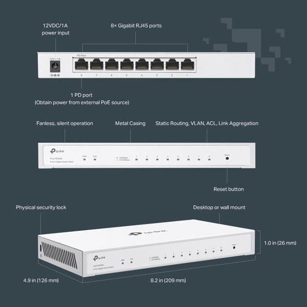 სვიჩი TP-Link Festa FS308G, 8-Port Gigabit, PoE+ Smart Switch, White