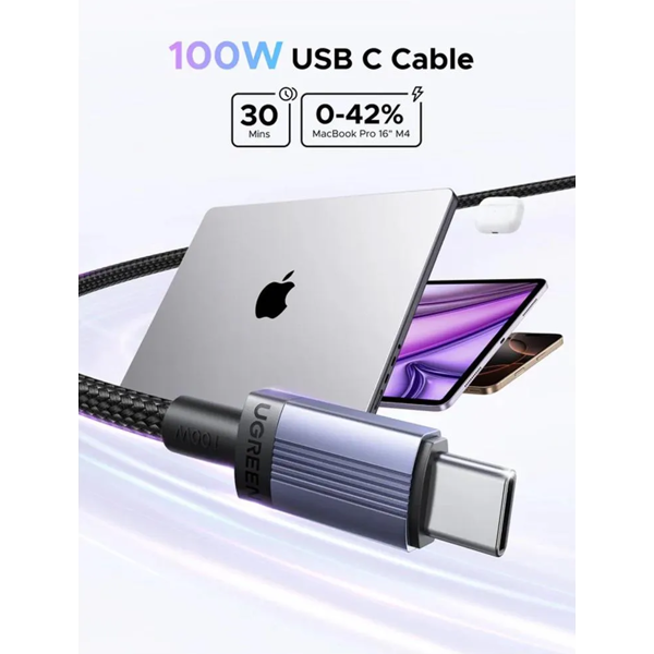 USB კაბელი UGREEN L528 (65832), 100W, Type-C to Type-C Cable, 1m, Grey/Black