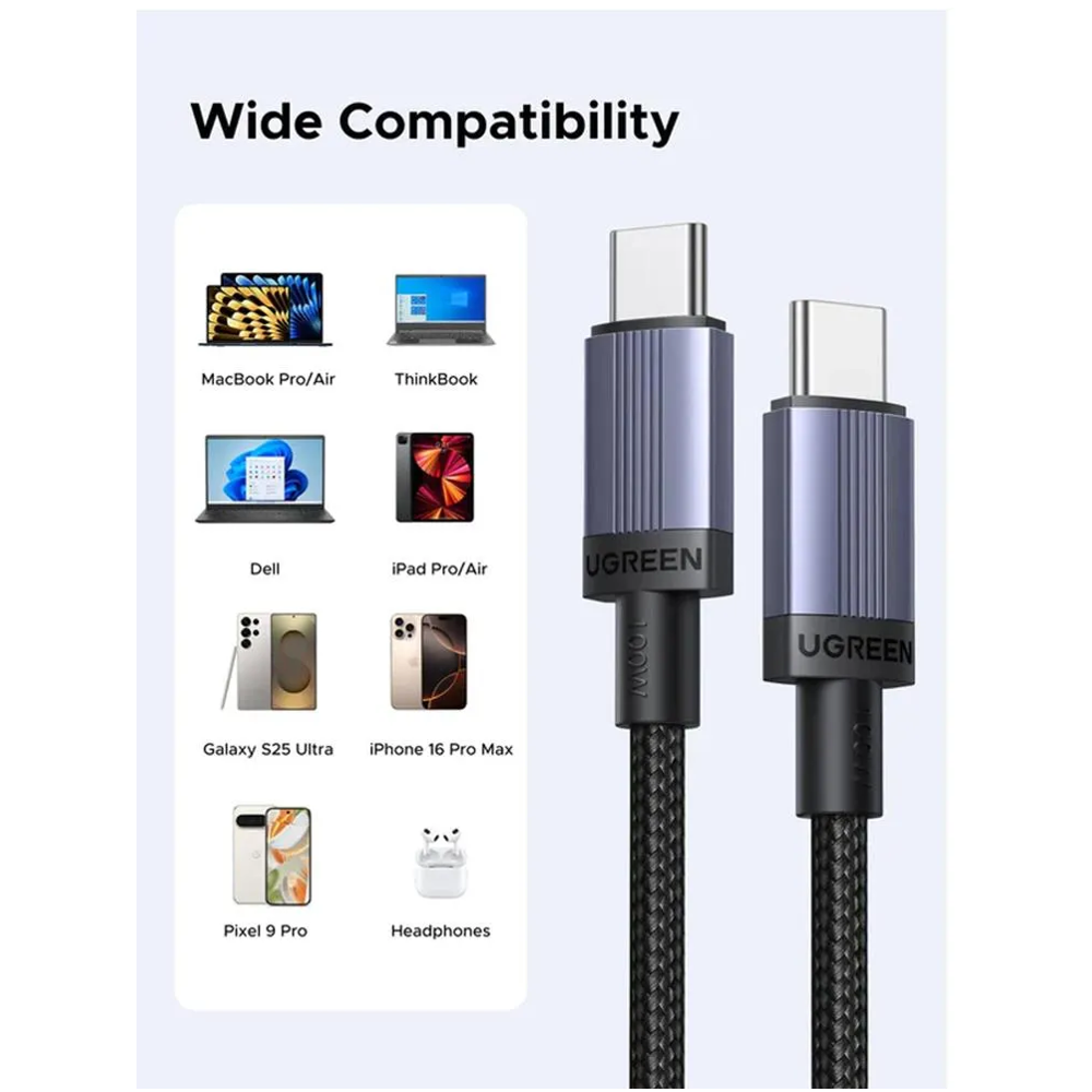USB კაბელი UGREEN L528 (65832), 100W, Type-C to Type-C Cable, 1m, Grey/Black