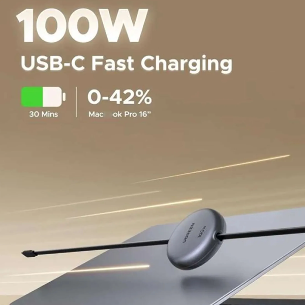 USB კაბელი UGREEN L531 (65905), 100W, Type-C to Type-C PD Fast Charging Retractable Cable, 1m, Grey/Black