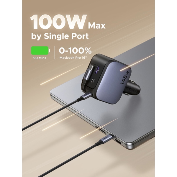 Car Charger With Retractable Type-C Cable UGREEN EC604 (55910B) Nexode, 145W, Grey