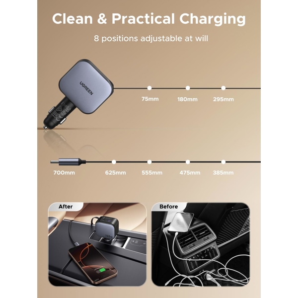 Car Charger With Retractable Type-C Cable UGREEN EC604 (55910B) Nexode, 145W, Grey