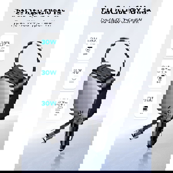 მანქანის დამტენი UGREEN EC602 (55212B) Nexode, 60W, Car Charger With Retractable Type-C Cable, Grey