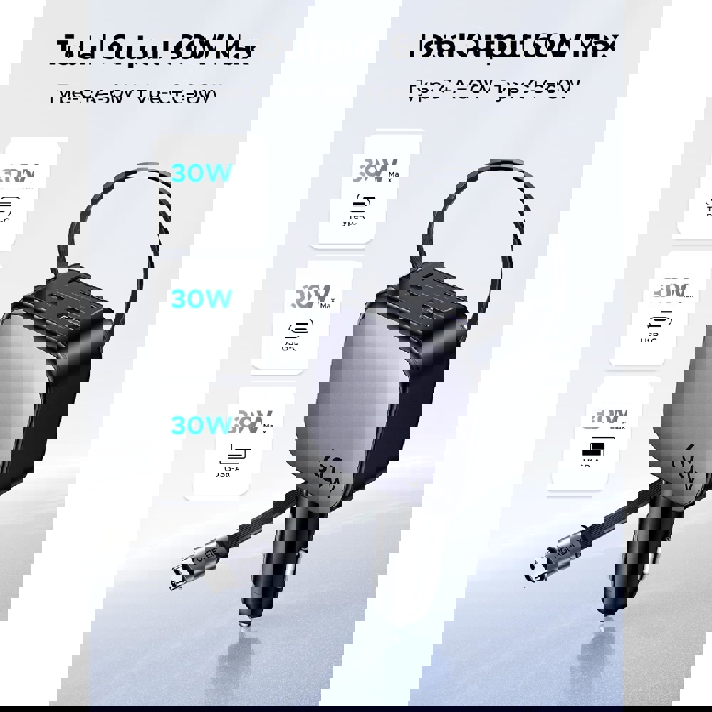 მანქანის დამტენი UGREEN EC602 (55212B) Nexode, 60W, Car Charger With Retractable Type-C Cable, Grey