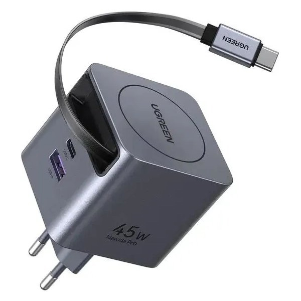 მობილურის დამტენი UGREEN X614 (65822), 45W, Type-C, USB, GaN Fast Charger With Retractable Cable, Grey