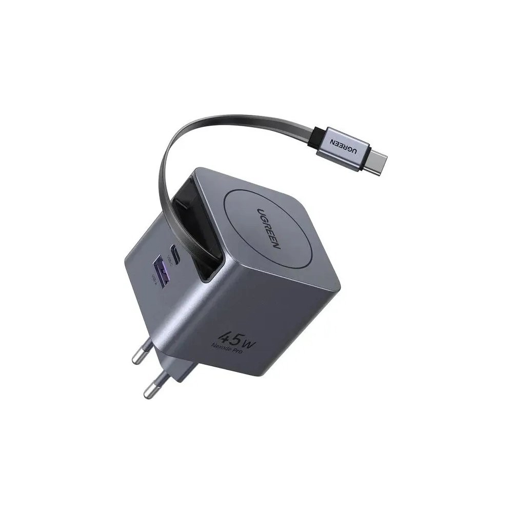 მობილურის დამტენი UGREEN X614 (65822), 45W, Type-C, USB, GaN Fast Charger With Retractable Cable, Grey