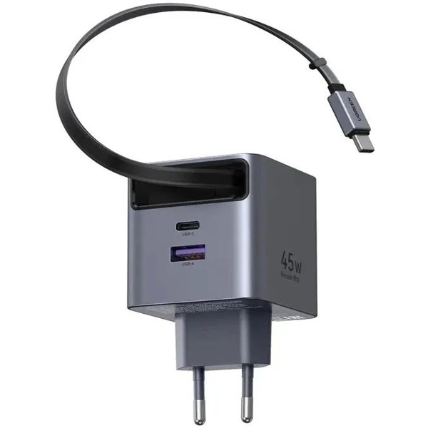 მობილურის დამტენი UGREEN X614 (65822), 45W, Type-C, USB, GaN Fast Charger With Retractable Cable, Grey