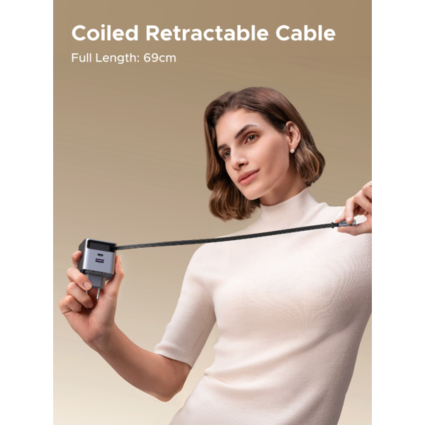 მობილურის დამტენი UGREEN X614 (65822), 45W, Type-C, USB, GaN Fast Charger With Retractable Cable, Grey