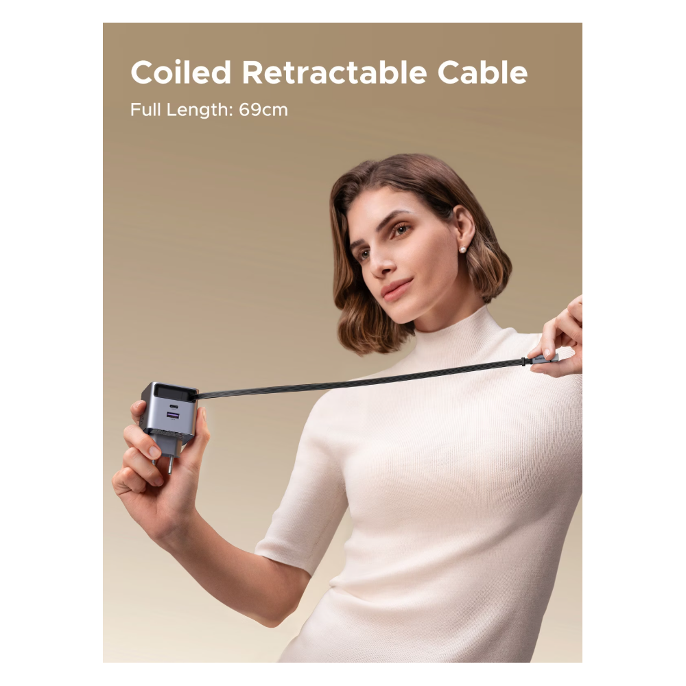 GaN Fast Charger With Retractable Cable UGREEN X614 (65822), 45W, Type-C, USB, Grey