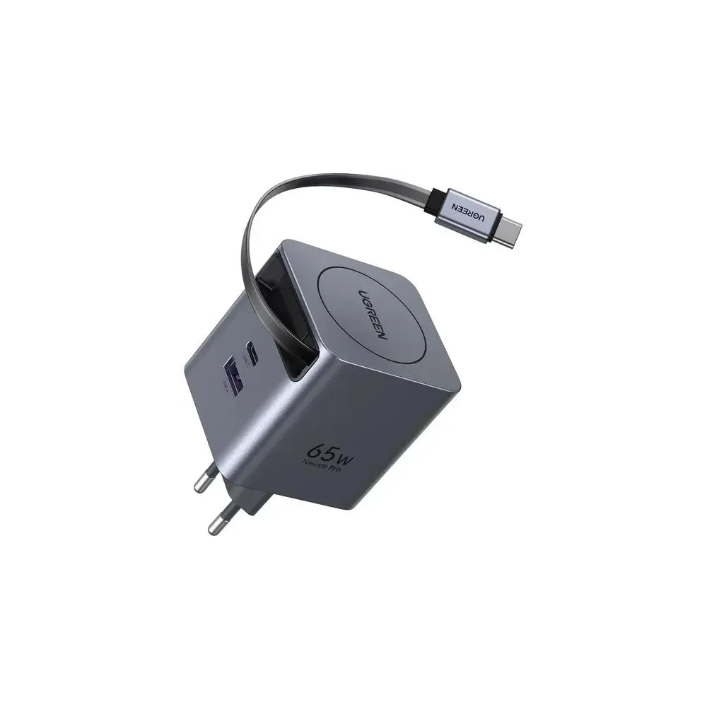 მობილურის დამტენი UGREEN X615 (65825), 65W, Type-C, USB, GaN Fast Charger With Retractable Cable, Grey