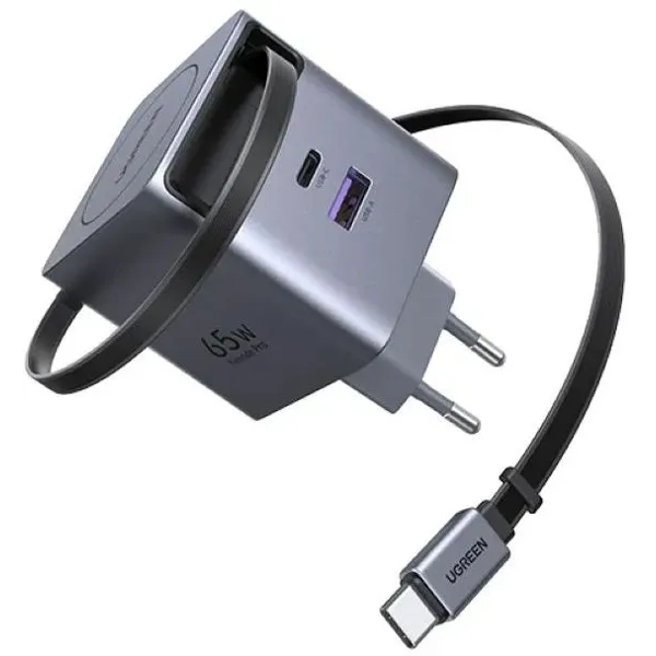 მობილურის დამტენი UGREEN X615 (65825), 65W, Type-C, USB, GaN Fast Charger With Retractable Cable, Grey