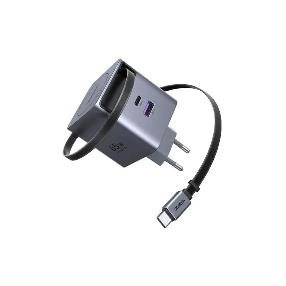 მობილურის დამტენი UGREEN X615 (65825), 65W, Type-C, USB, GaN Fast Charger With Retractable Cable, Grey