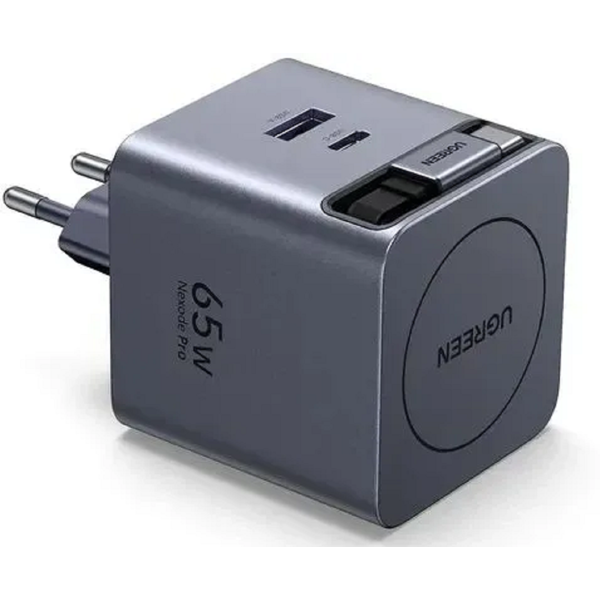 მობილურის დამტენი UGREEN X615 (65825), 65W, Type-C, USB, GaN Fast Charger With Retractable Cable, Grey