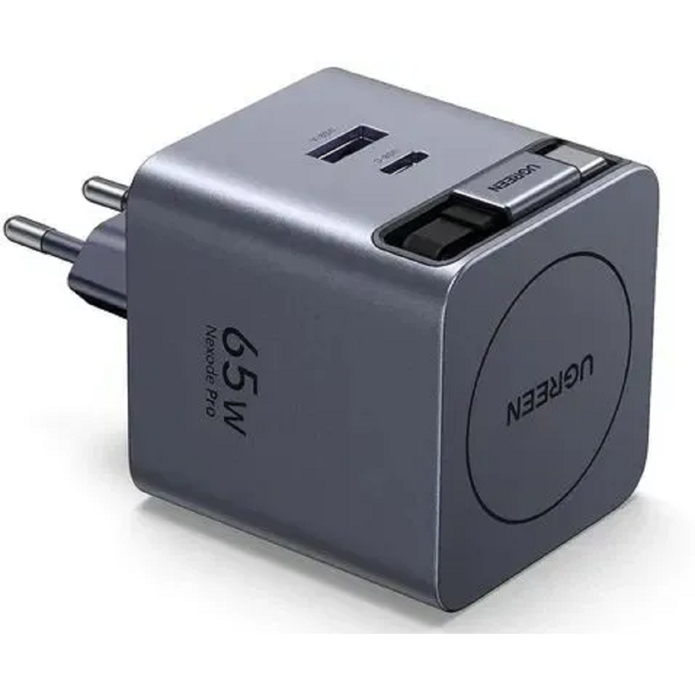მობილურის დამტენი UGREEN X615 (65825), 65W, Type-C, USB, GaN Fast Charger With Retractable Cable, Grey