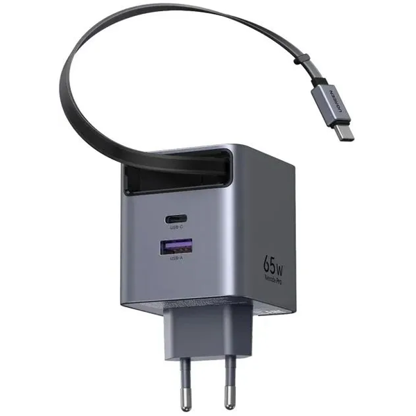 მობილურის დამტენი UGREEN X615 (65825), 65W, Type-C, USB, GaN Fast Charger With Retractable Cable, Grey