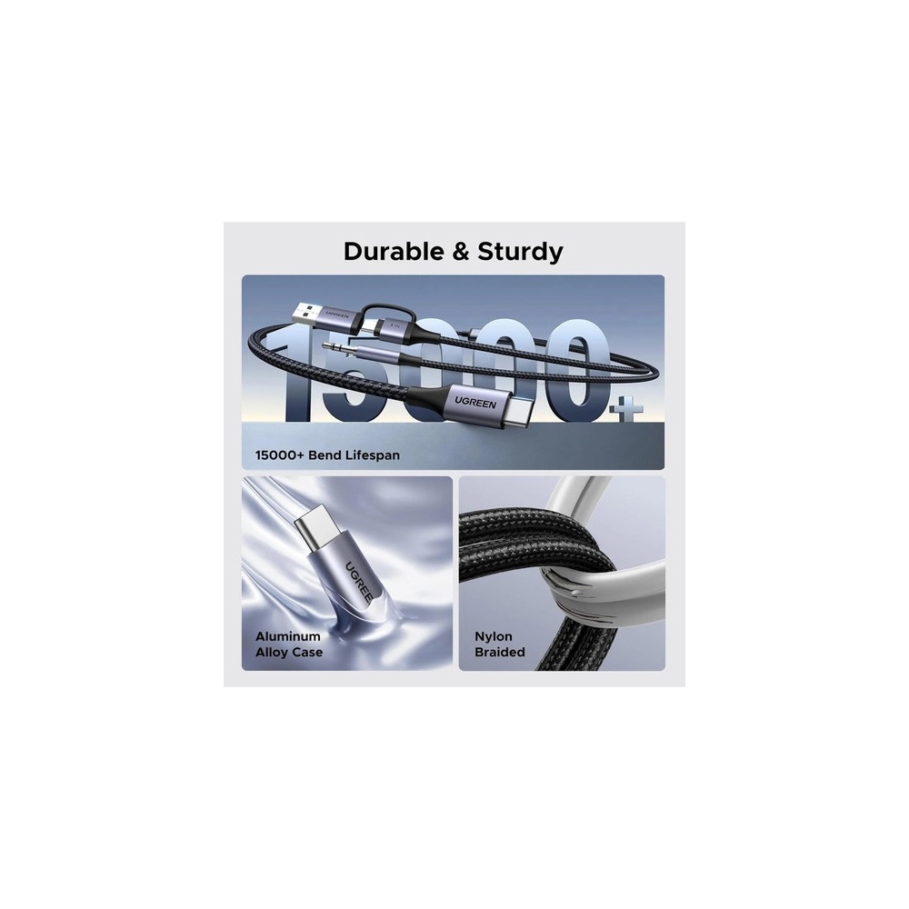 2-in-1 Audio Charger Adapter And AUX UGREEN CM772 (45009), 60W, 1.5m, Black/Grey