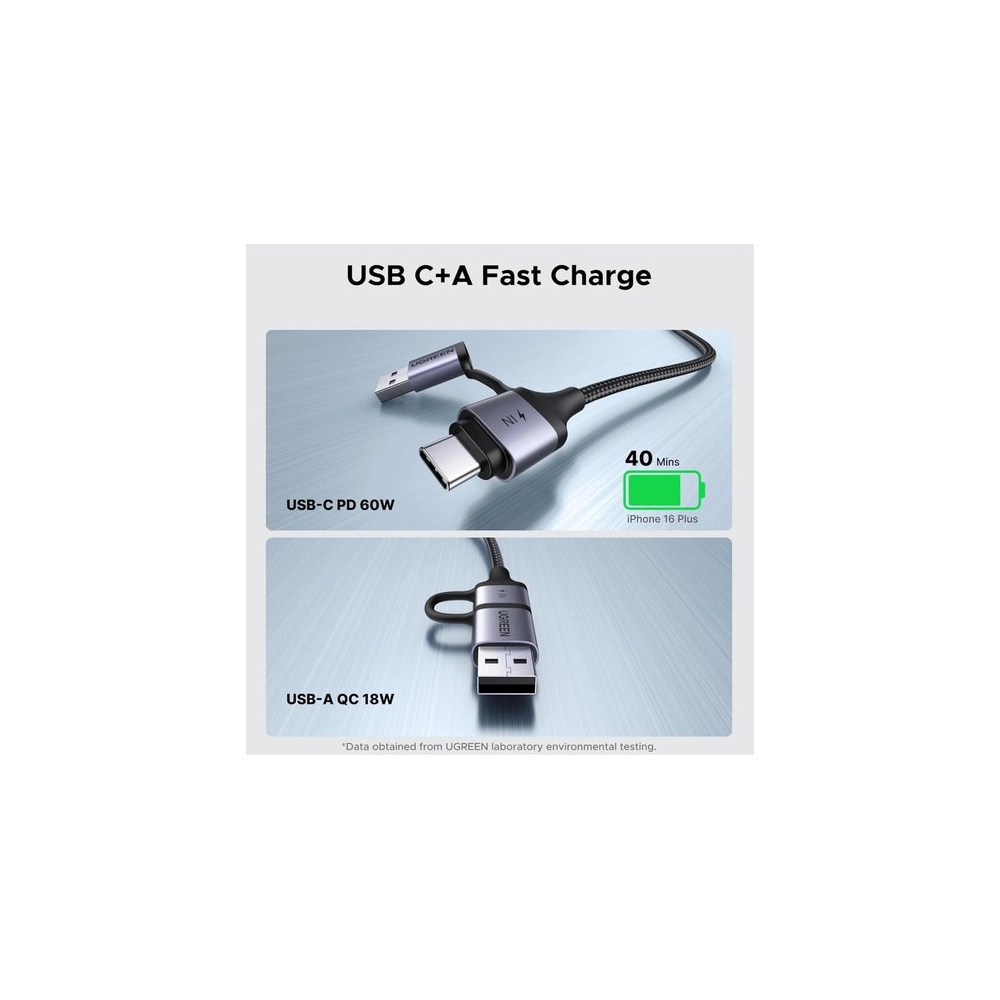 2-in-1 Audio Charger Adapter And AUX UGREEN CM772 (45009), 60W, 1.5m, Black/Grey