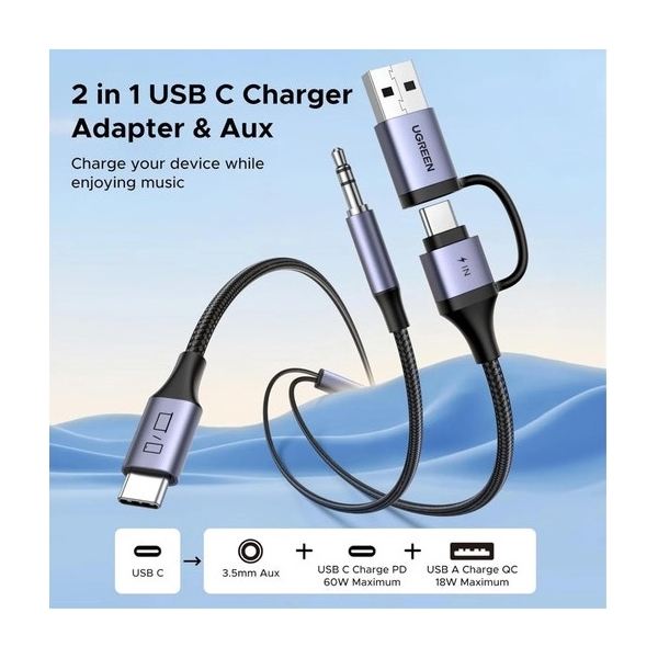 2-in-1 Audio Charger Adapter And AUX UGREEN CM772 (45009), 60W, 1.5m, Black/Grey