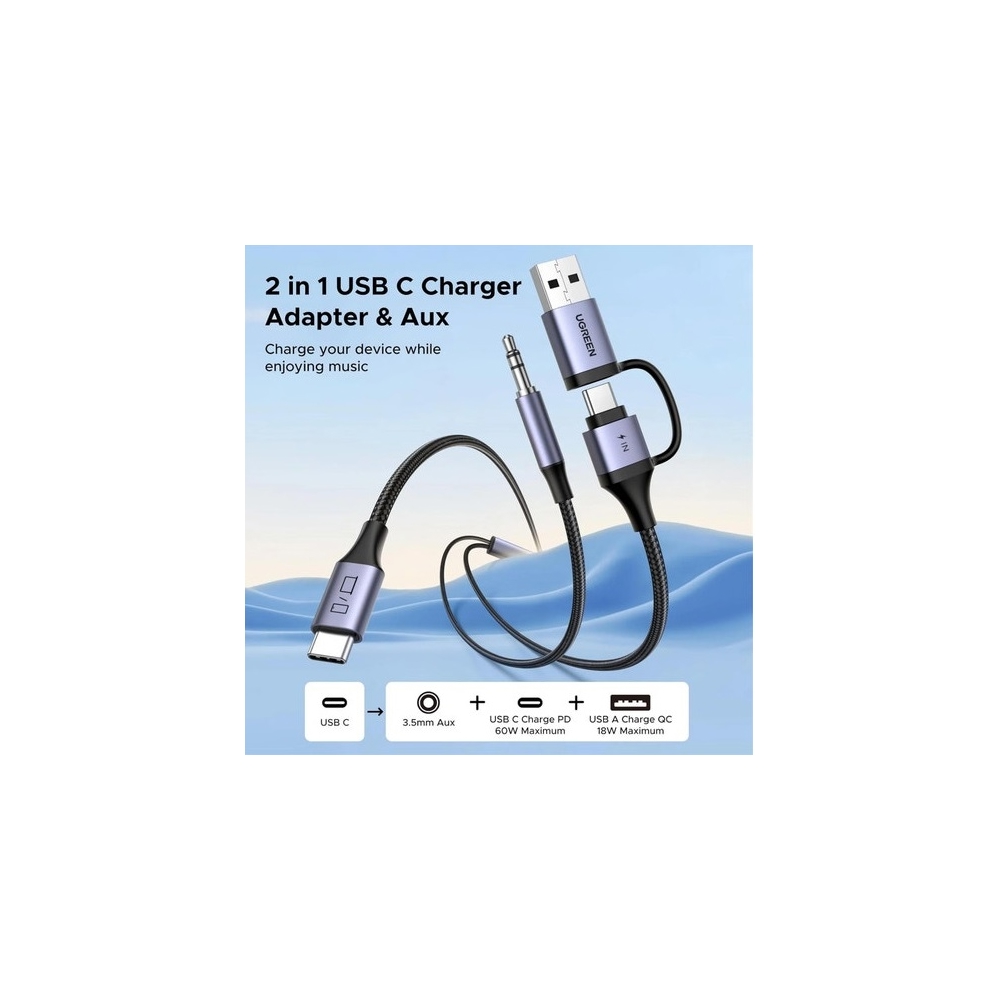 2-in-1 Audio Charger Adapter And AUX UGREEN CM772 (45009), 60W, 1.5m, Black/Grey