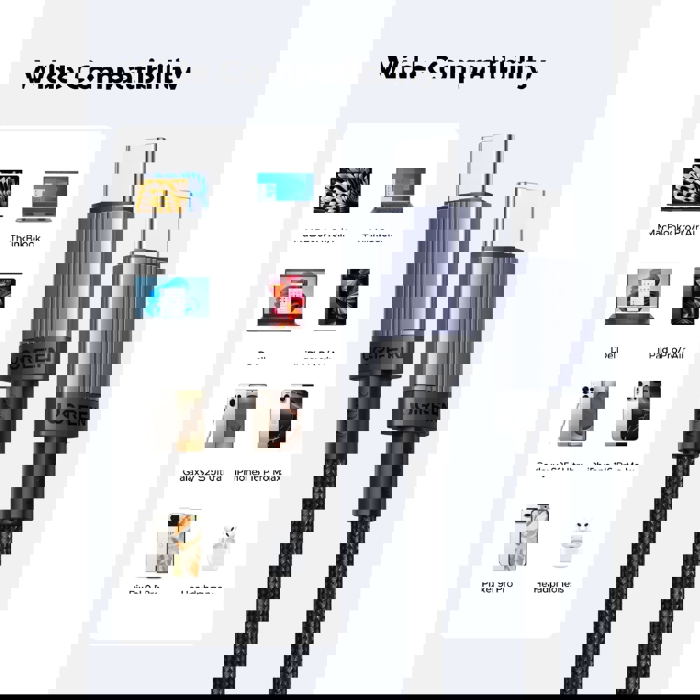 USB კაბელი UGREEN L532 (65907), 240W, Type-C to Type-C PD Fast Charging Cable, 1m, Grey/Black